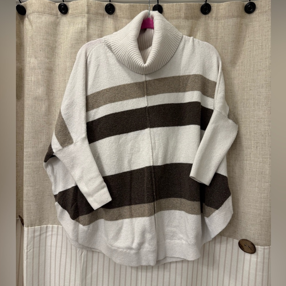 LOFT Cowl Neck Sweater - Cream and Brown Stripes
